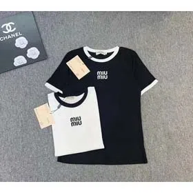 MIUMIU 2025 New Round Neck Contrast Color Letter Print Loose Short Sleeve T-shirt-2583  