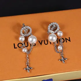 Louis Vuitton LV silver letter diamond pearl tassel earrings-3865  