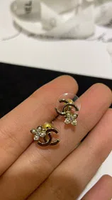 Celine pearl rhinestone small flower gold double C earrings-3898  