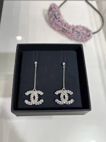 Celine double-sided diamond double C pendant long chain earrings-3902  